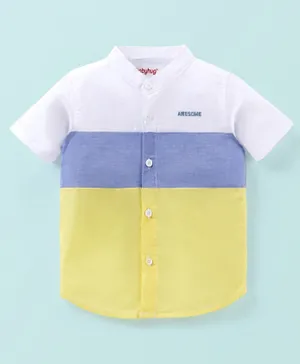 Babyhug 100% Cotton Woven Half Sleeve Mandarin Collar Shirt with Cut & Sew Design - White Blue & Yellow