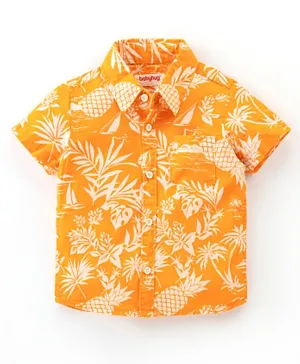 Babyhug 100% Cotton Woven Half Sleeves Regular Collar Tropical Printed Shirt - Yellow