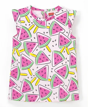 Babyhug Cotton Frill Sleeves Night Watermelon Print- Peach