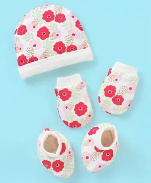 Babyhug Cotton Floral Print Cap Mittens & Booties Set - Red