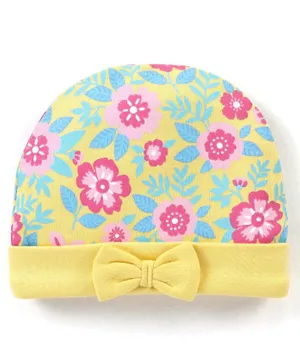 بيبي هاغ قبعة قطنية 100% بطباعة زهور مع تطريز بو - أصفر
