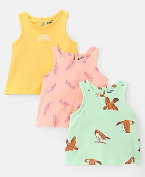Doodle Poodle 100% Cotton Sleeveless T-Shirt Bird & Feather Print Pack of 3- Green Pink & Yellow