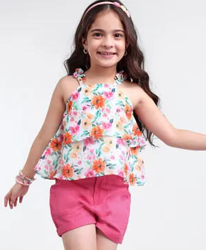 Ollington St. 100% Cotton Georgette Floral Print Sleeveless Top With Woven Cotton Shorts- White & Pink