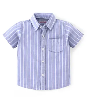 بيبي هاغ قميص مخطط بأكمام نصفية وياقة عادية من القطن المنسوج - أزرق