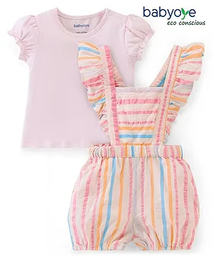 Babyoye Eco Conscious Cotton  Half Sleeves Tee With Striped Dungaree - Peach Red & Blue