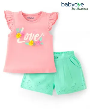 Babyoye Eco Conscious Cotton Sleeveless Top & Shorts With Text Print - Pink & Green