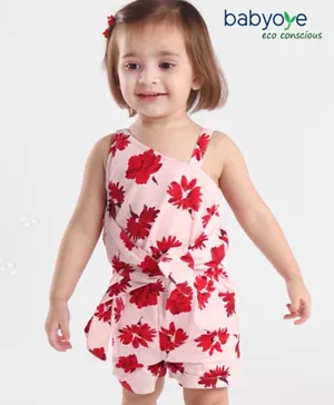 Babyoye Eco-Conscious Poplin Sleeveless Jumpsuit Floral Print - Pink & Red
