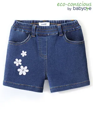 Babyoye Cotton Eco Conscious Denim Mid Thigh Shorts Floral Embroidery- Blue