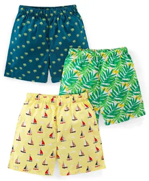 Babyhug Cotton Woven Boxers Leaf & Boat Print Pack Of 3- Yellow Green & Blue