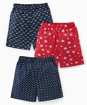 Babyhug Cotton Woven Elasticated Boxers with Stars Print Pack of 3 - Navy Blue & Red