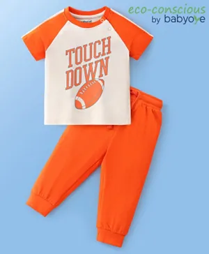 Babyoye 100% Cotton Raglan Sleeves T-Shirt & Lounge Pant Set Text Print- Orange