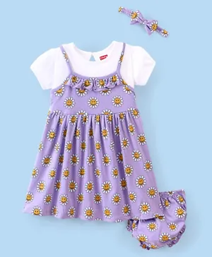 Babyhug 100% Cotton Knitted Half Sleeves Frock With Bloomer & Headband Floral Print - Lilac