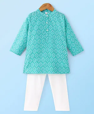 Babyhug 100% Cotton Woven Full Sleeves Kurta & Pyjama Set Ikat Print - Blue