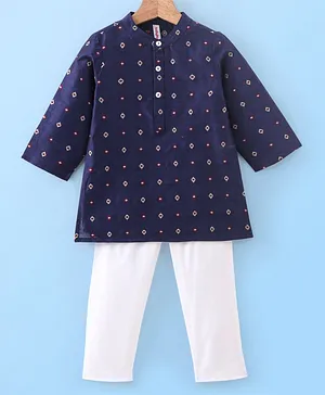 Babyhug 100% Cotton Full Sleeves Printed Kurta & Pyjama Set- Blue