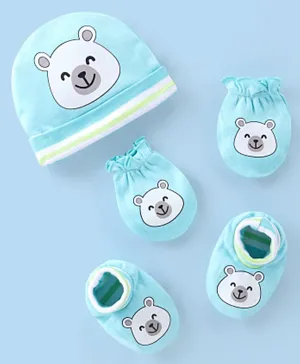 Babyhug 100% Cotton Cap Mittens & Booties Bear Print- Blue