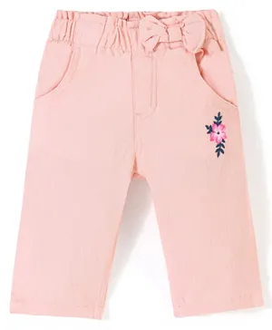Babyhug Cotton Spandex Woven Mid Calf Capris with Floral Embroidery & Bow Applique - Peach