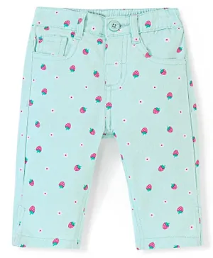 Babyhug Cotton Spandex Woven Stretchable Capris with Strawberry Print - Mint