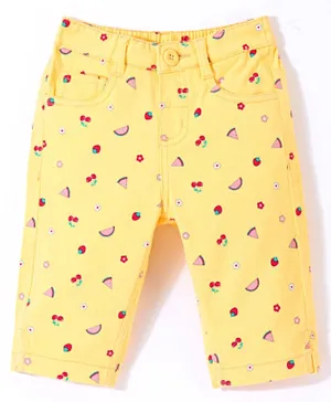 Babyhug Twill Woven Stretchable Capri With Fruits Print - Yellow