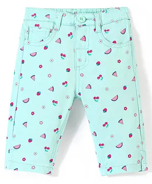 Babyhug Twill Woven Stretchable Capri With Fruits Print - Mint