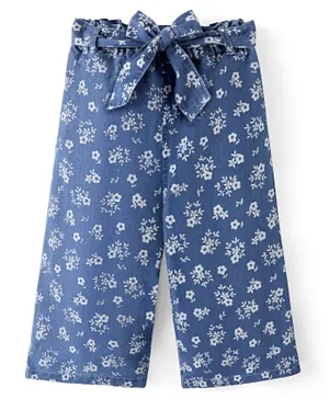 Babyhug Cotton Ankle Length Denim Culottes with Fabric Belt Floral Print - Blue