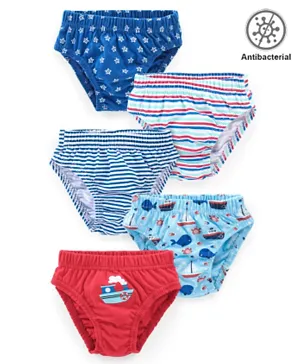 Babyhug 100% Cotton Antibacterial Briefs Striped & Ship Printed Pack of 5 - Multicolour