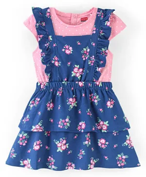 Babyhug 100% Cotton Knit Frock with Cap Sleeves Inner Tee Polka Dot & Floral Print - Navy Blue