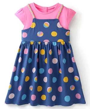 Babyhug Cotton Jersey Knit Singlet Frock with Cap Sleeves Inner Tee Polka Dots Print - Navy Blue & Pink