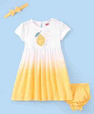 Babyhug 100% Cotton Knit Half Sleeves Frock With Bloomer & Headband Ombre Effect - Yellow