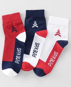 Pine Kids High Ankle Length Socks Logo Print Pack Of 3 - Navy Blue Red & White