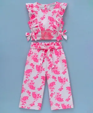 Ollington St. Cotton Swiss Dot Co-ord Set of Top and Culottes with Neon Pink Print - White