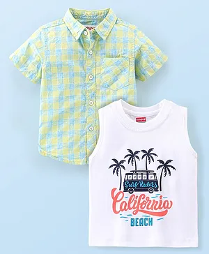 Babyhug 100% Cotton Half Sleeves Checked Shirt with Text Print T-Shirt - Yellow
