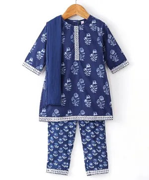 Babyhug 100% Cotton Woven Three Fourth Sleeves Kurti & Palazzo Set with Dupatta Floral Print - Indigo