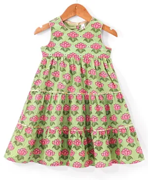 Babyhug Cotton Woven Floral Printed Sleeveless Ethnic Dress with Sequence Highlighted Yoke - Green