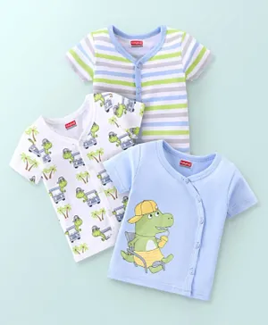 Babyhug 100% Cotton Knit Half Sleeves Vests Stripes & Dino Print Pack of 3 - White Green & Blue