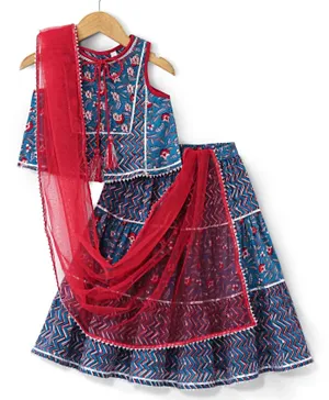 Babyhug Sleeveless Cotton Floral Printed Lehenga & Choli With Dupatta- Indigo & Red