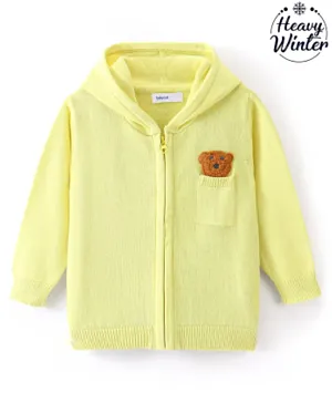 Babyoye 100% Cotton Full Sleeves Front Open Hooded  Sweater with Bear Embellished - Lime Yellow