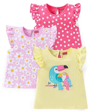 Babyhug 100% Cotton Half Sleeves Tee With Floral Graphic Print & Frill Detailing - Yellow Red & Pink