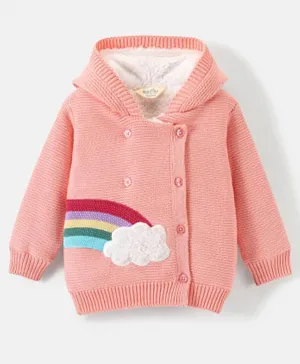 Bonfino 100% Cotton Knit Full Sleeves Hooded Sweater Cloud Rainbow Design- Pink