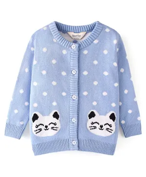 Bonfino 100% Cotton Knit Full Sleeves Cardigan Polka Dot & Kitty Design- Blue