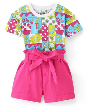 Ollington St. 100% Cotton Knit Half Sleeves Fruit Print Top and Paperbag Waist Shorts with Self Fabric Belt - Pink