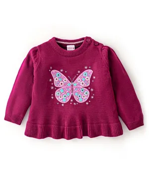Babyhug 100% Acrylic Knit Full Sleeves Butterfly Embroidery Sweater - Fushia