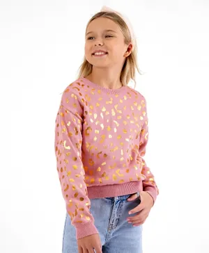Primo Gino 100% Cotton Knit Full Sleeves Sweater Rosegold Artwork Design - Pink