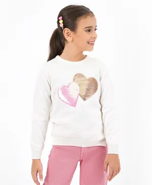 Primo Gino 100% Cotton Knit Full Sleeves Sweater Twin Heart Design- White