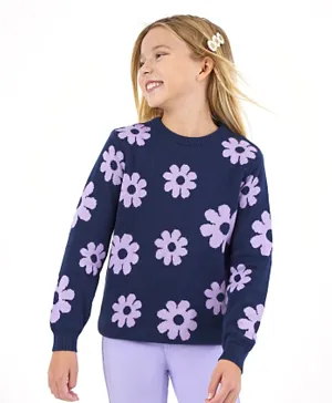 Primo Gino 100% Cotton Knit Full Sleeves Sweater Floral Design- Navy Blue
