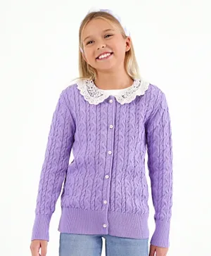 Primo Gino 100% Cotton Knit Full Sleeves Cardigan With Crochet Detailing Cable Knit Design- Purple