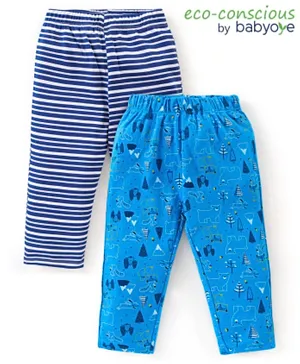 Babyoye 100%  Organic Cotton With Eco Jiva Finish Full Length Lounge Pant Stripes & Bunny Print Pack of 2- Blue