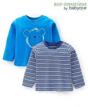 Babyoye 100% Organic Cotton with Eco Jiva Finish Full Sleeves T-Shirts Stripes & Bear Print Pack of 2 - Blue & White