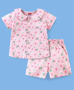 Babyhug 100% Cotton Knit Half Sleeves Night Suit Strawberry Print - Pink