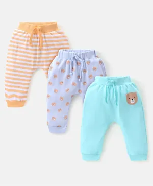 Babyhug Cotton Full Length Diaper Pants Stripes & Bear Print Pack Of 3- Blue & Orange