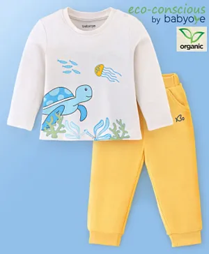 Babyoye 100%  Organic Cotton With Eco Jiva Finish Full Sleeves T-Shirt & Lounge Pant Set Turtle Print- White & Yellow